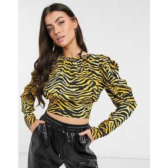 ASOS Tiger Animal Print Volume Sleeve Open Back Tied Crop Top SZ 0 - Picture 1 of 16